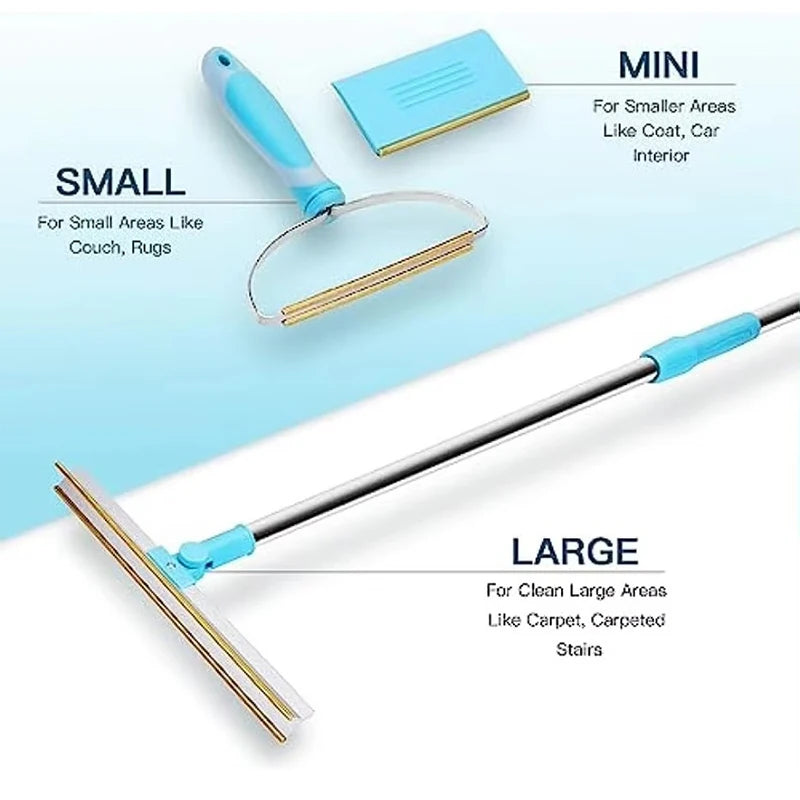 Pet Hair Remover Tool Set – Telescopic Handle Carpet Rake for Dog & Cat Fur, Rug and Upholstery Cleaner