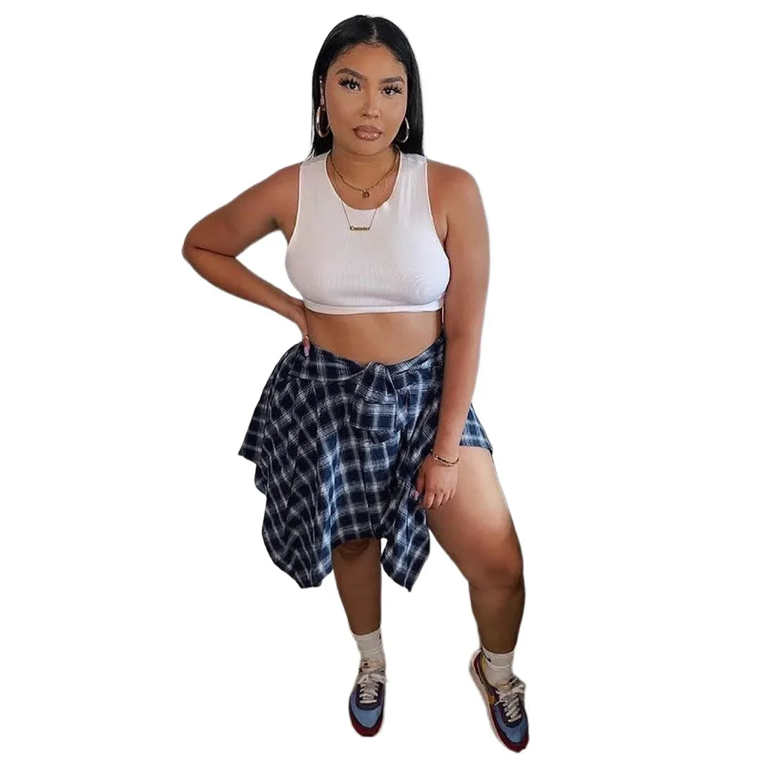 Women Plaid Irregular High Waist Knee-Length Skirt