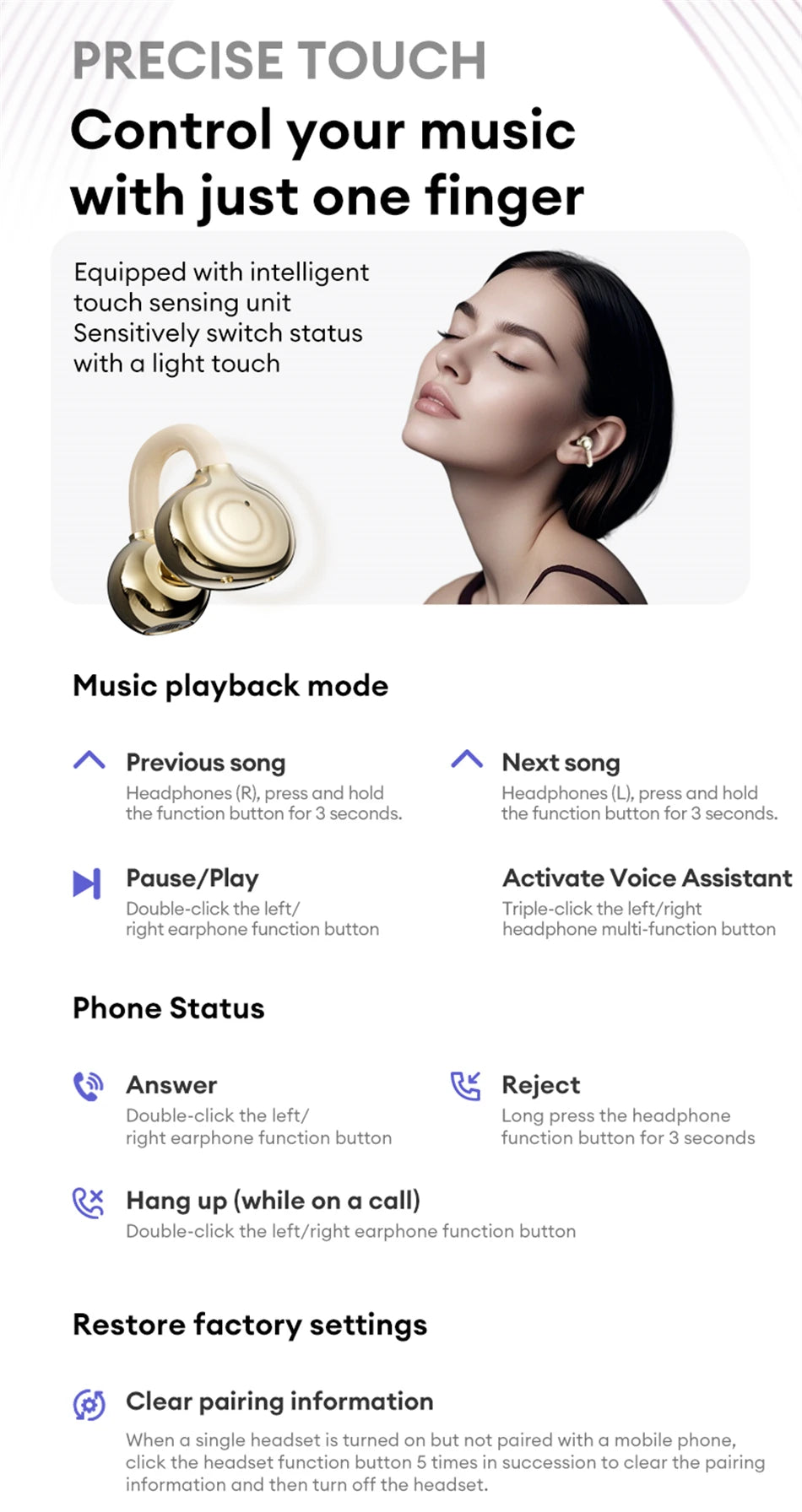 Lenovo LE302 Wireless Bluetooth 6.0 Clip-On Earbuds with HiFi Stereo Sound and Long Battery Life