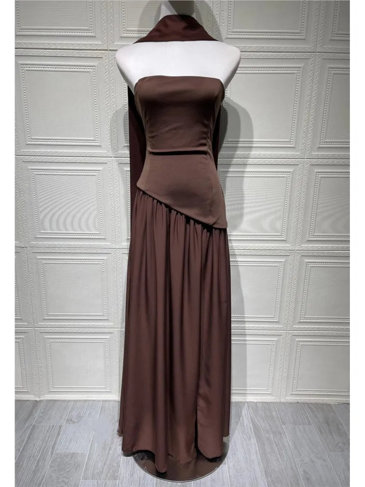 Elegant Pleated Long Dress for Women – Off-Shoulder, Scarf Neck, High Slit | Party & Evening Gown