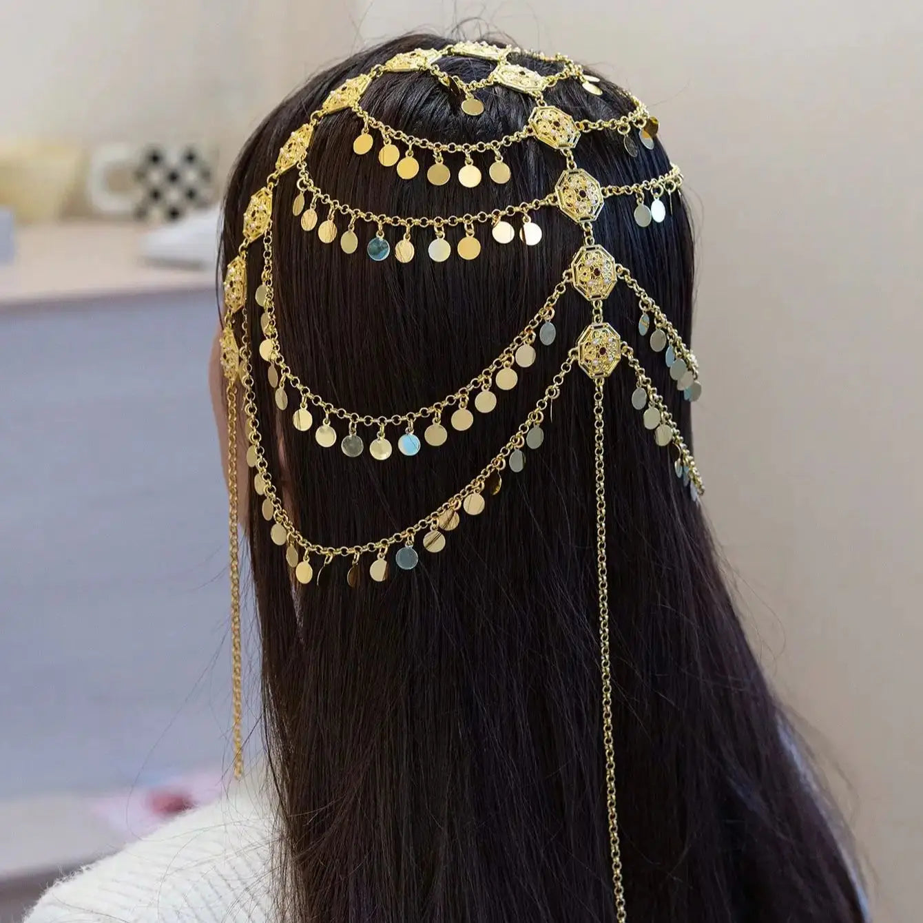 Kurdish-Ottoman-Arabic Bridal Headdress – 24K Gold-Plated Coin Veil Chain with Evil Eye Fringe for Henna Night & Wedding Ceremonies