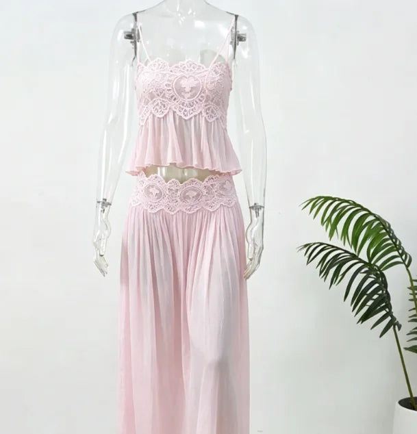 Women's Lace Double Strap Crop Top Two-Piece Set, Boho Sleeveless Flowy