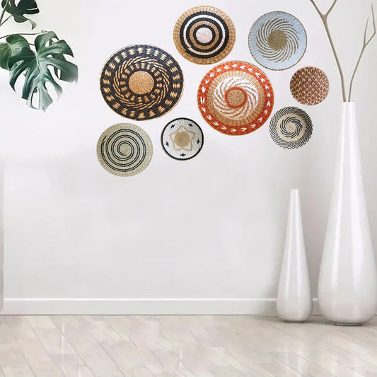 Boho Style 8Pcs Wall Decoration Straw Plate Wicker Background Wall Dishes Rattan Wall Hanging for Sofa Bed Hand Woven Home Decor