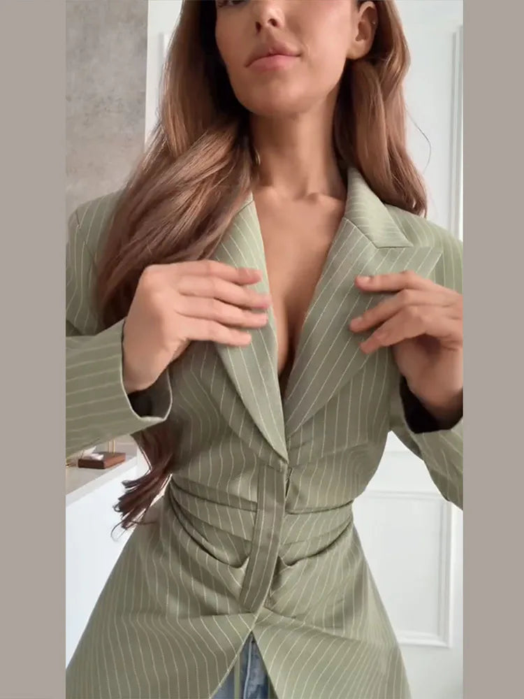 Women's Pinstripe Blazer Jacket with Padded Shoulders, Fitted Waist, Turn-Down Collar & Detachable Tassel Straps