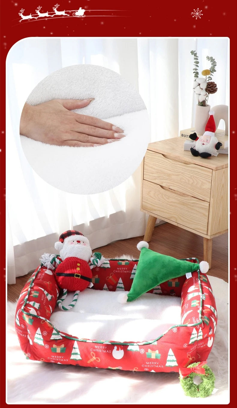 Christmas Cat and Small Dog Bed with Raised Bolster Sides and Soft Sleeping Cushion, Festive Indoor Pet Nest