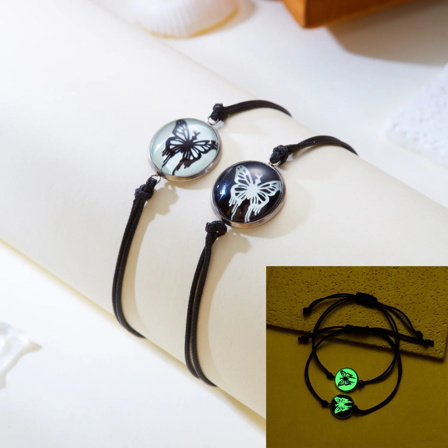 Adjustable Glow-in-the-Dark Rope Bracelet – Butterfly, Sun & Moon Luminous Jewelry for Couples and Friends