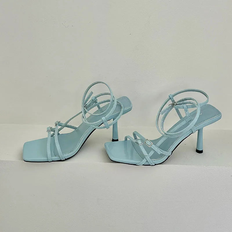Women's Thin Heel Sandals – Ankle Buckle, Square Toe, Shallow Pumps, Fashion High Heels Footwear