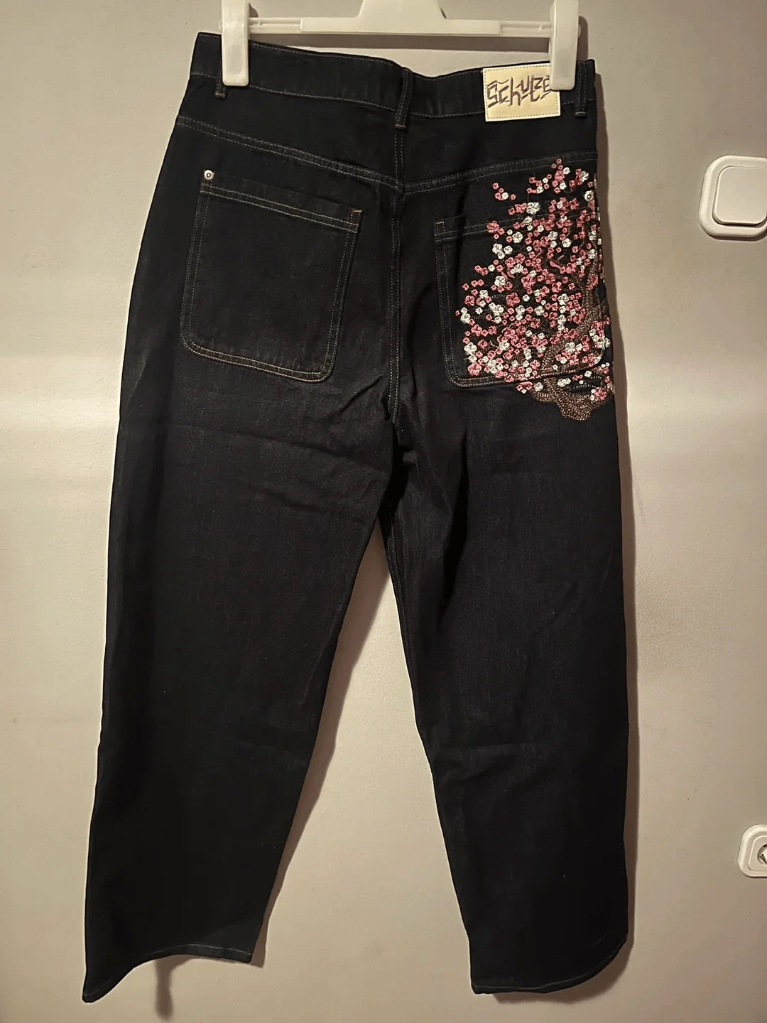 Embroidered Denim Jeans with Cherry Blossom, Dragon and Graphic Designs