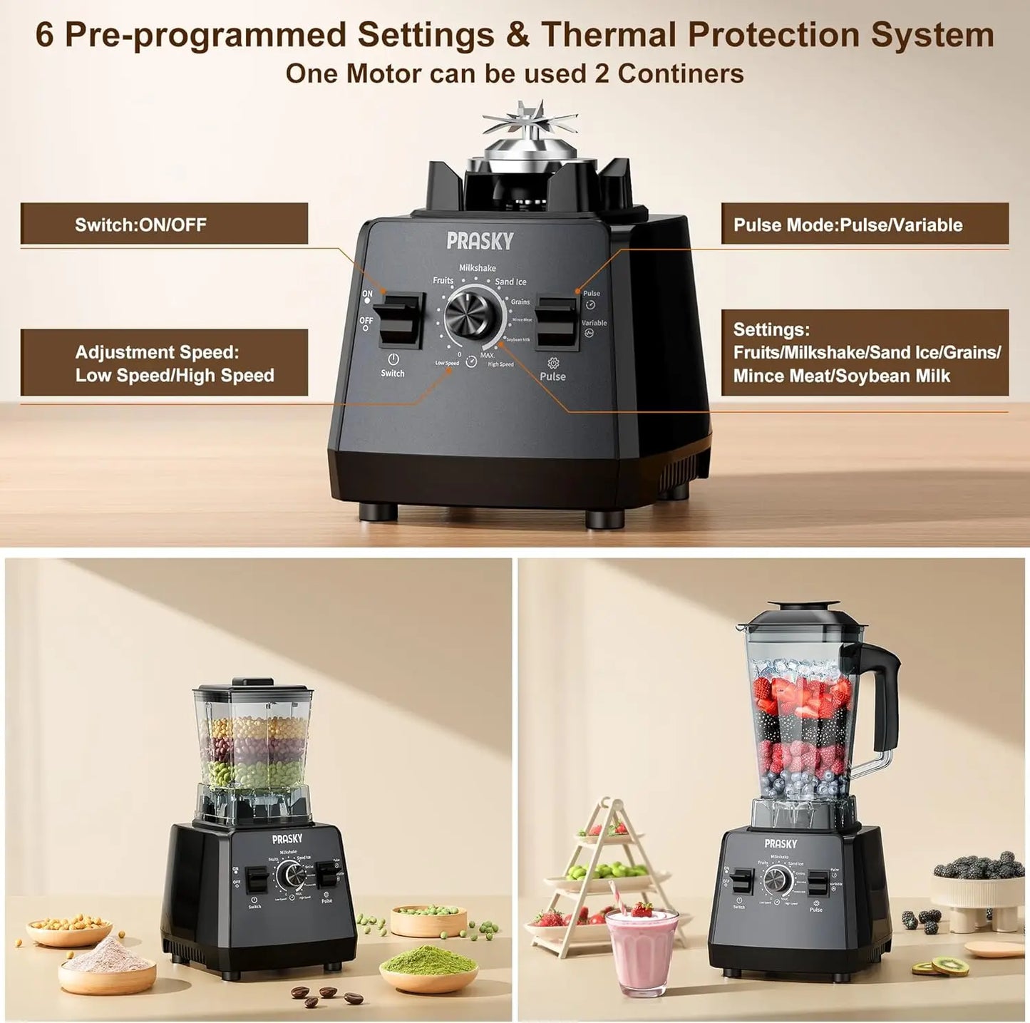 PRASKY 2400W Professional Blender & Grinder Combo – 25,000 RPM High-Speed Kitchen Blender, 68oz BPA-Free Pitcher, 2 Containers, Ice Crusher for Smoothies, Shakes & Frozen Drinks
