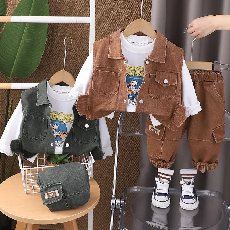 2025 Autumn New Style Denim Long Sleeve Vest With Double Pocket Children's Fashion Streetwear Three-Piece Suit For Middle And Small K