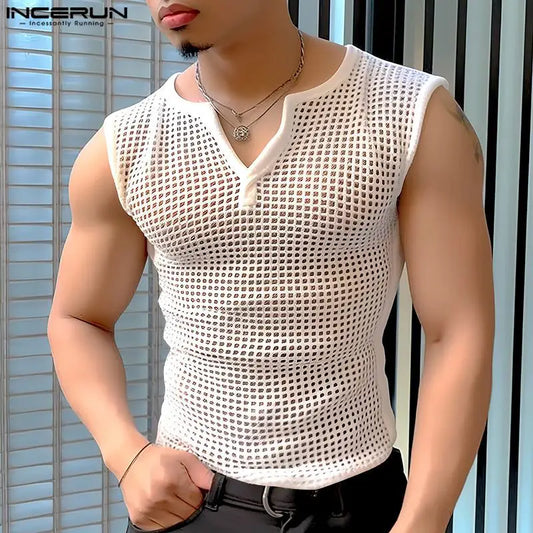 2025 Men Tank Tops Mesh Hollow Out Solid V Neck Sleeveless Summer Male Vests Streetwear Transparent Fashion Men Clothing