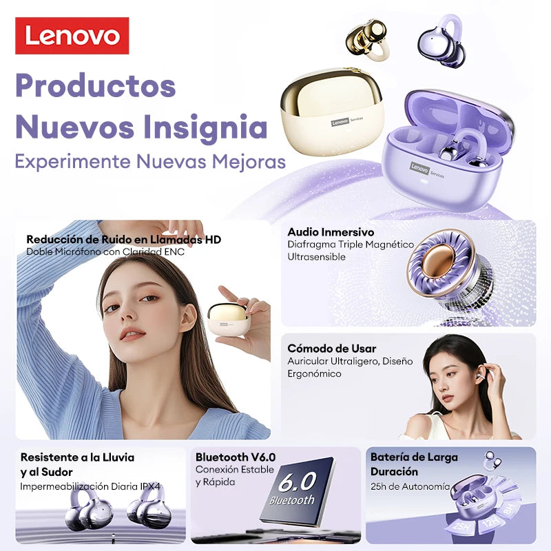 Lenovo LE302 Wireless Bluetooth 6.0 Clip-On Earbuds with HiFi Stereo Sound and Long Battery Life