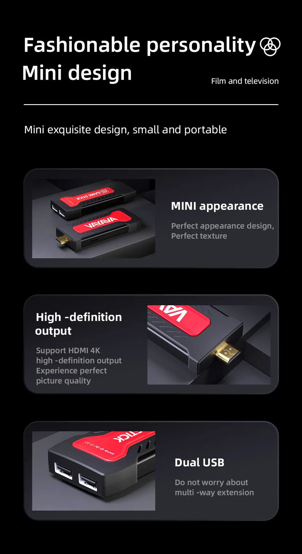 GD30 4K Retro Game Stick, 64GB Built-In Games, Wireless 2.4G Classic Video Game Console with Dual Controllers