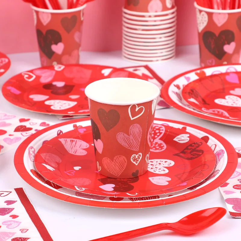 Love Heart Disposable Tableware Set – Paper Plates, Cups, Napkins & Tablecloth for Valentine’s Day, Wedding, Anniversary & Party Decor
