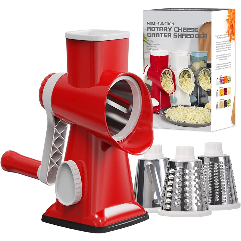 3-in-1 Rotary Cheese Grater – Manual Vegetable Slicer and Nut Grinder with Stainless Steel Blades