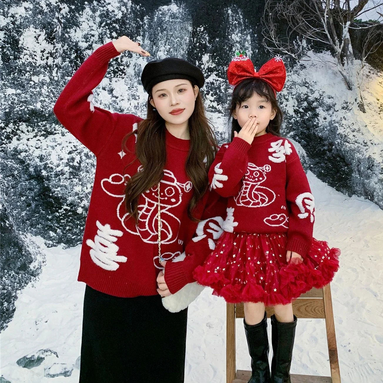 New Year Matching Family Red Chinese Sweater Father Mother and Daughter Son Snake Knit Jumper Infant Baby Knit Romper