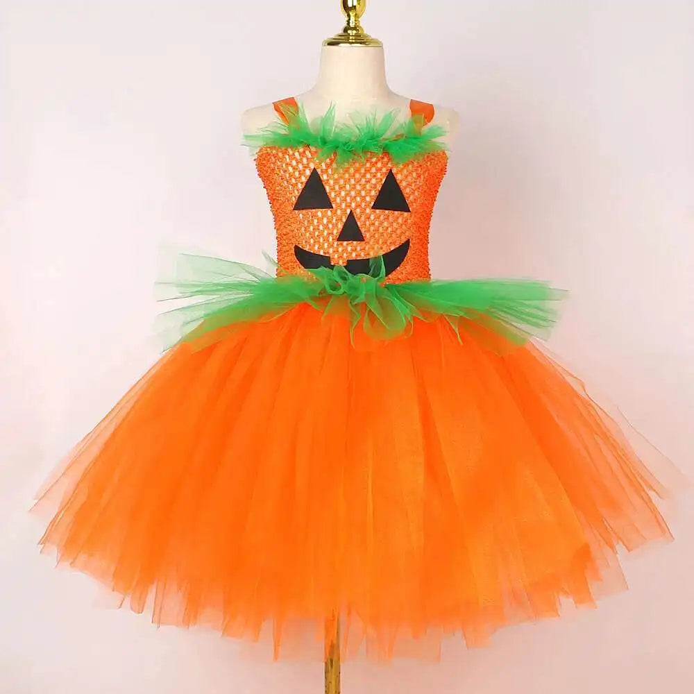 Girls Pumpkin Witch Costume – Halloween Fancy Dress Outfit with Tutu for Kids, Carnival & Party Wear