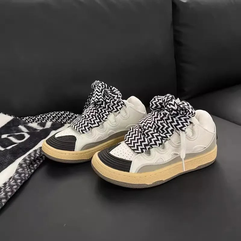 Thick Sole Casual Sneakers – Mixed Color Lace-Up Skateboard Shoes, Round Toe Breathable Outdoor Fashion Shoes