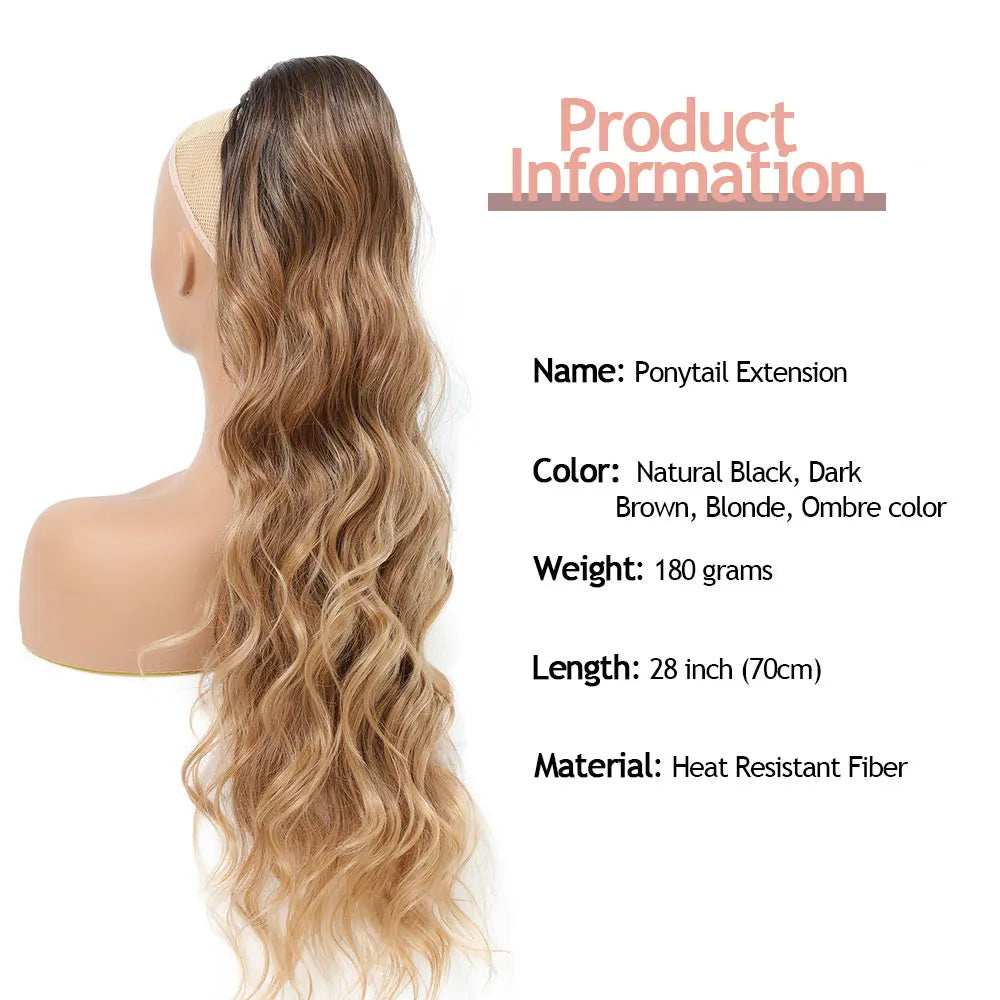 28-Inch Synthetic Drawstring Ponytail – Ombre Brown & Piano Blonde Body Wave, 180g Heat-Resistant Hair Extension
