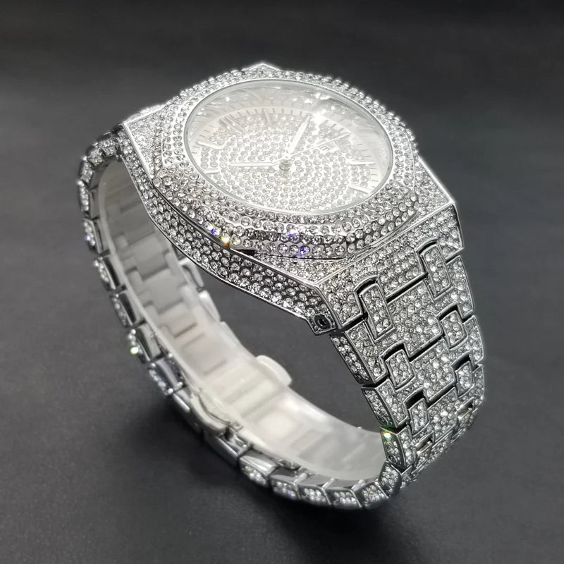 MISSFOX Luxury Diamond Iced Out Men's Quartz Watch, Arabic Numerals Waterproof