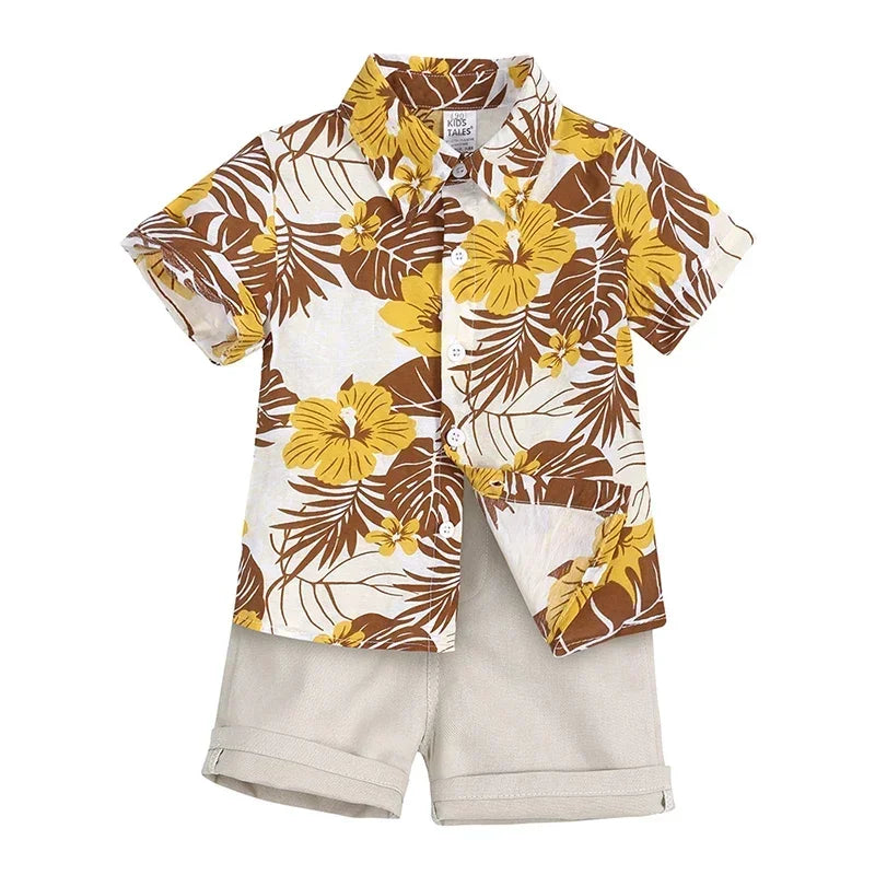 Baby Boys Summer Hawaiian Outfit – Infant & Toddler Gentleman Set with Floral Shirt, Bowtie & Shorts