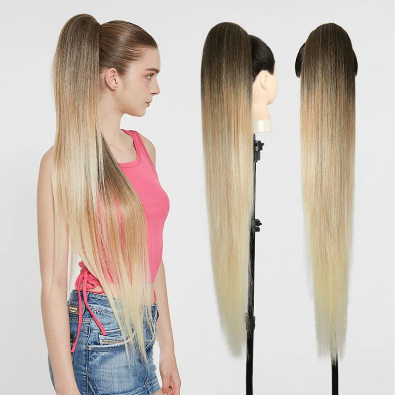 36-Inch Synthetic Drawstring Ponytail Hair Extension – Ombre Blonde, Women’s Hairpiece