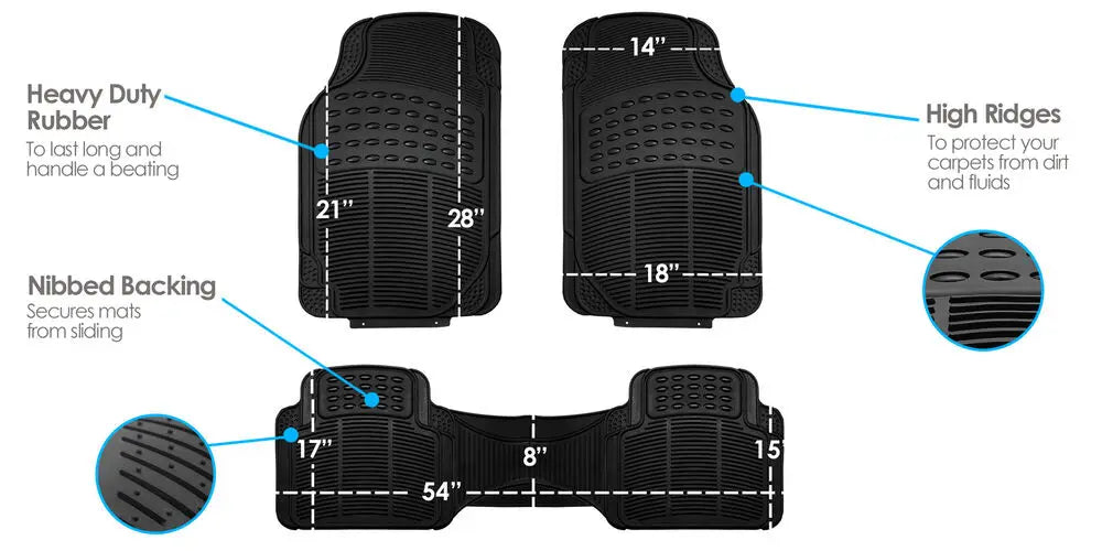 Universal All-Weather Rubber Car Floor Mats – Heavy-Duty Non-Slip 3-Piece Set, Black