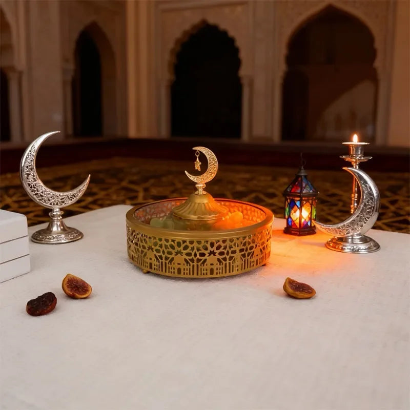 Decorative Iron Serving Tray for Snacks & Candies – Large Capacity Storage Plate for Islamic, Ramadan & Eid Celebrations