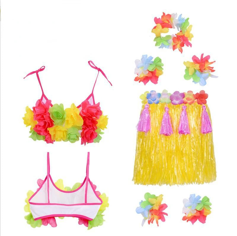 Hawaiian Hula Costume Set for Kids & Teens – Grass Skirt, Top, Flower Lei Necklace, Headband, Anklets & Bracelets (40 cm)