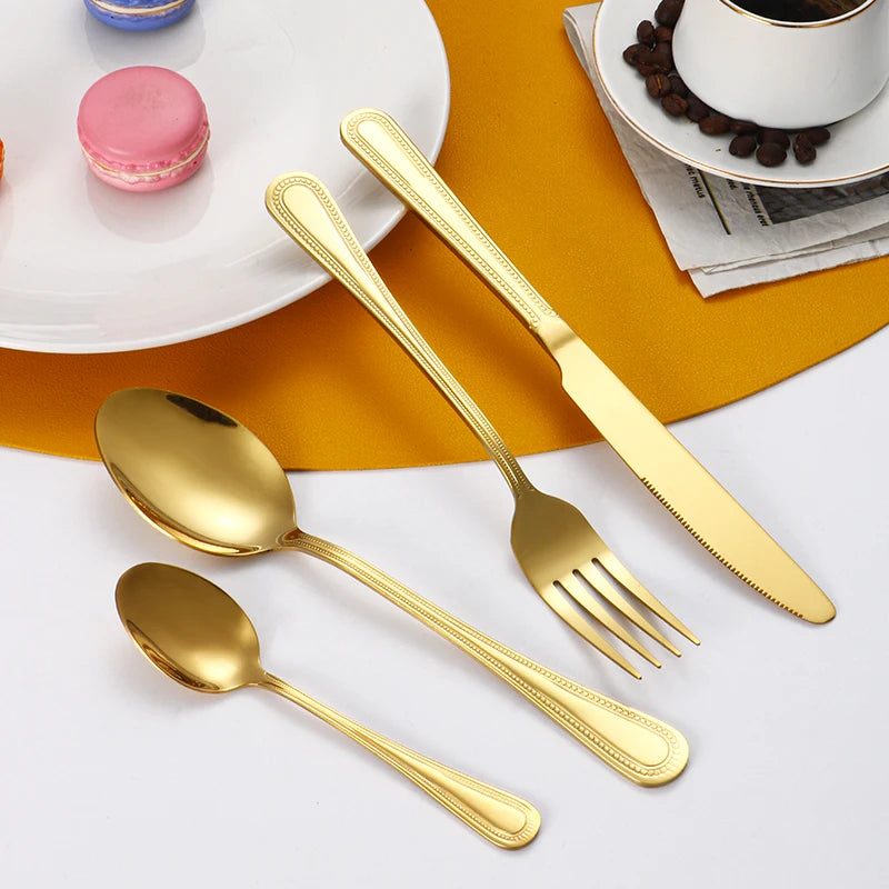 24pc Stainless steel gold cutlery set knife fork spoon steak knife fork dessert fork spoon retro suitable for restaurant kitchen