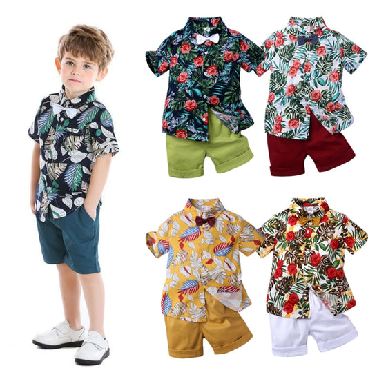 Baby Boys Summer Hawaiian Outfit – Infant & Toddler Gentleman Set with Floral Shirt, Bowtie & Shorts