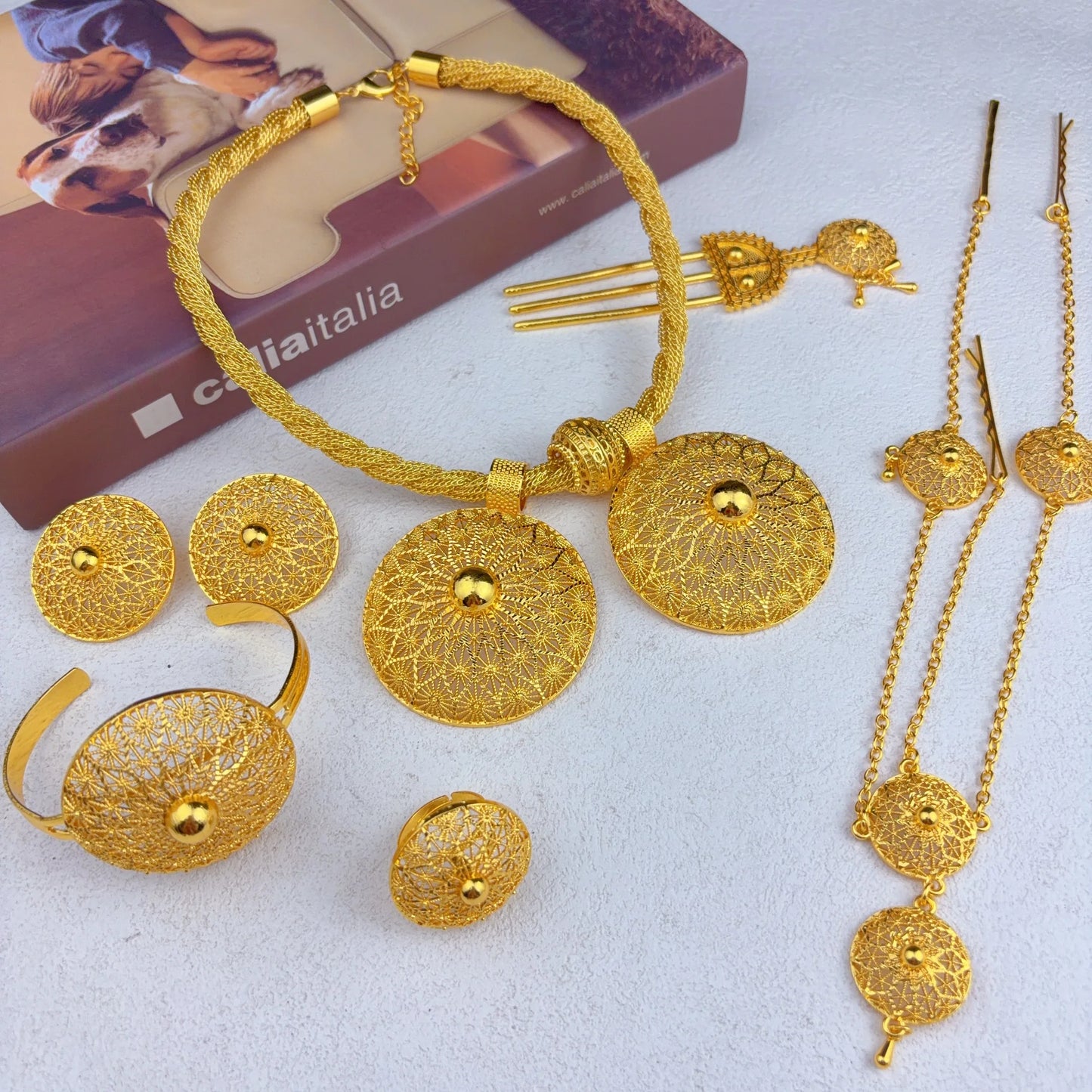 African Ethiopian Eritrean Habesha Dubai 24K Gold-Plated Flower Pendant 6-Piece Jewelry Set