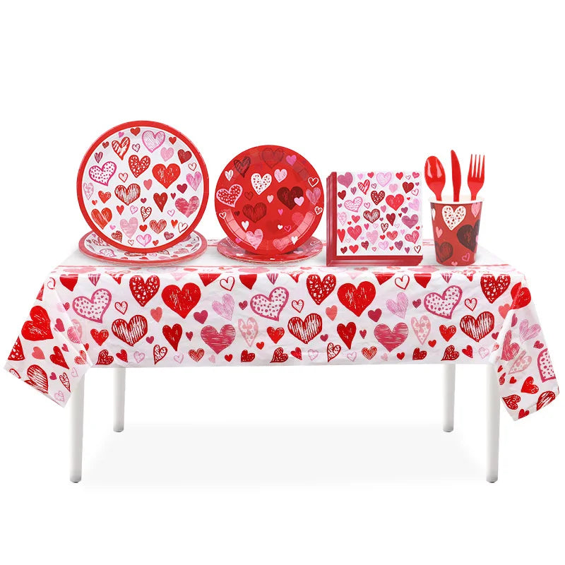 Love Heart Disposable Tableware Set – Paper Plates, Cups, Napkins & Tablecloth for Valentine’s Day, Wedding, Anniversary & Party Decor