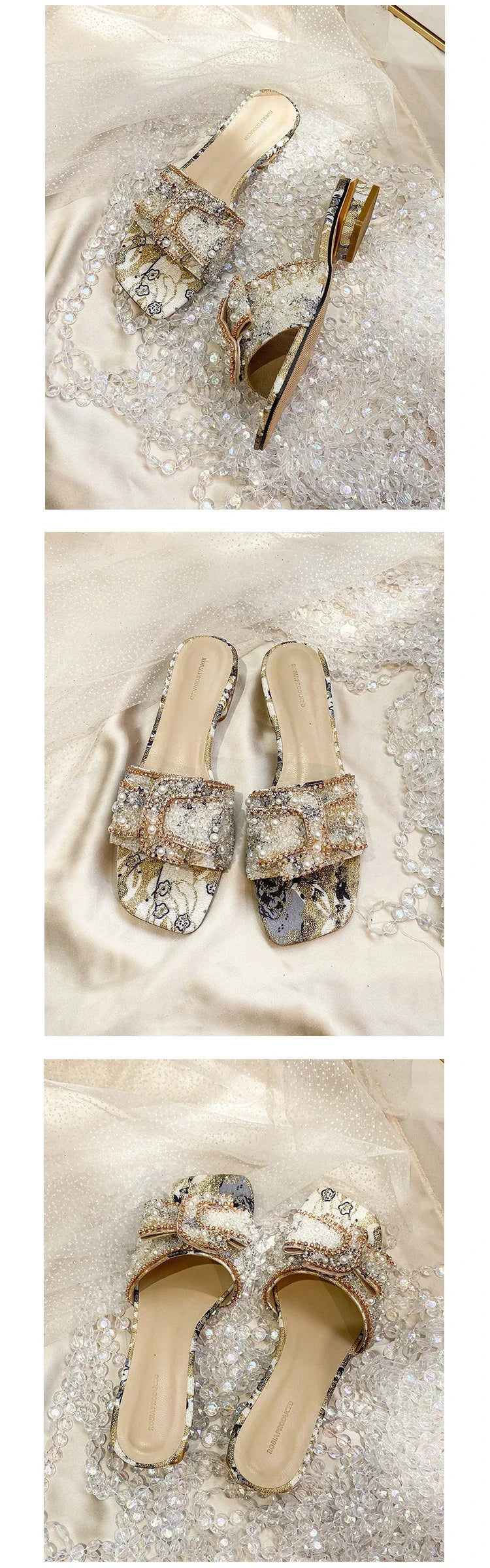 Women’s Slippers 2025 – Luxury Pearl Rhinestone Chunky Heel Sandals, Summer Butterfly-Knot Slip-On Shoes