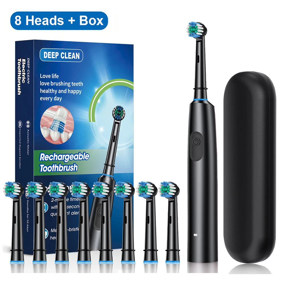 Rechargeable Rotating Electric Toothbrush for Adults, Deep Cleaning, 8 Soft Replacement Brush Heads Included
