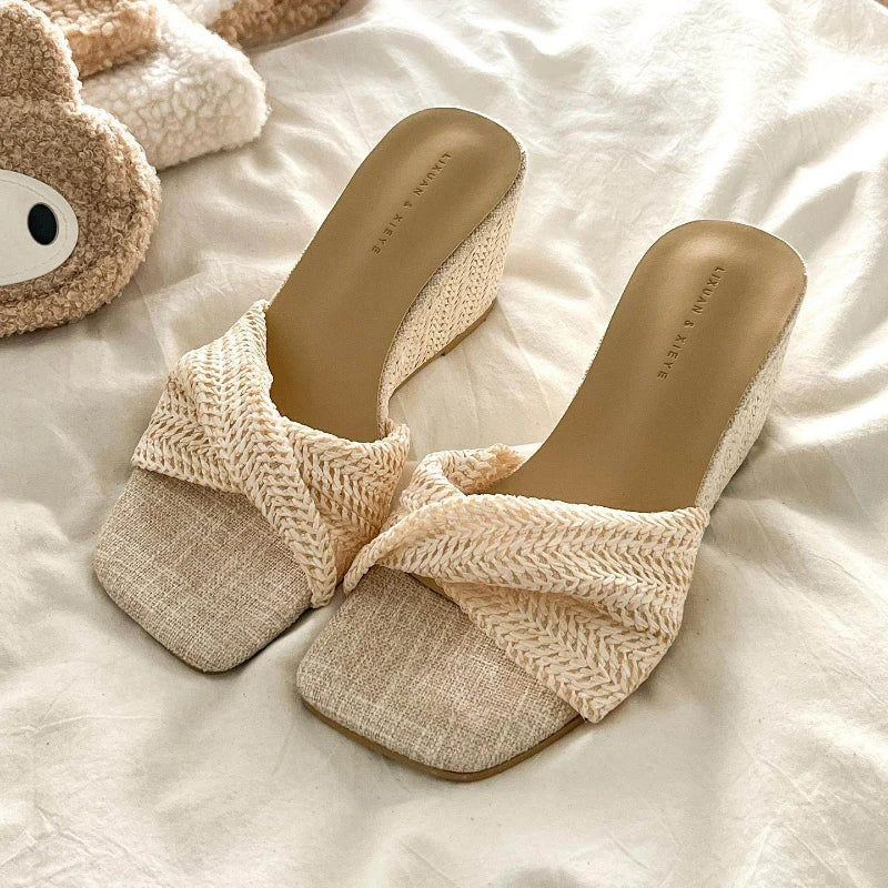 Women’s Designer Weave Wedge Slides – Open Toe Height Increase Summer Sandals, Fashion Outdoor Slip-On Dress Shoes