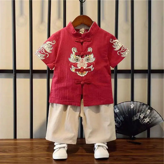 Chinese Style Cotton Linen Red Dragon Embroidery Tang Suit Boys Girls Fashion Baby New Year Clothes Tai Chi Clothing