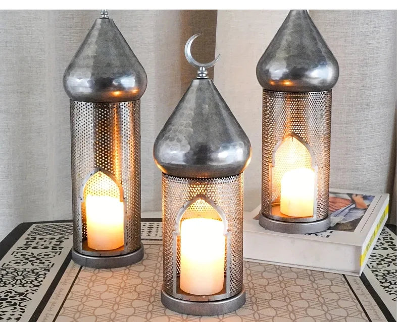 European Style Iron Hollow Wind Light Candle Holder – Ramadan & Eid Islamic Décor, Holiday Lantern for Christmas, Halloween, Parties, Home Decoration & Photography Props