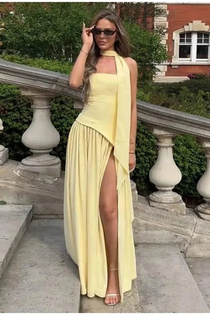 Elegant Pleated Long Dress for Women – Off-Shoulder, Scarf Neck, High Slit | Party & Evening Gown