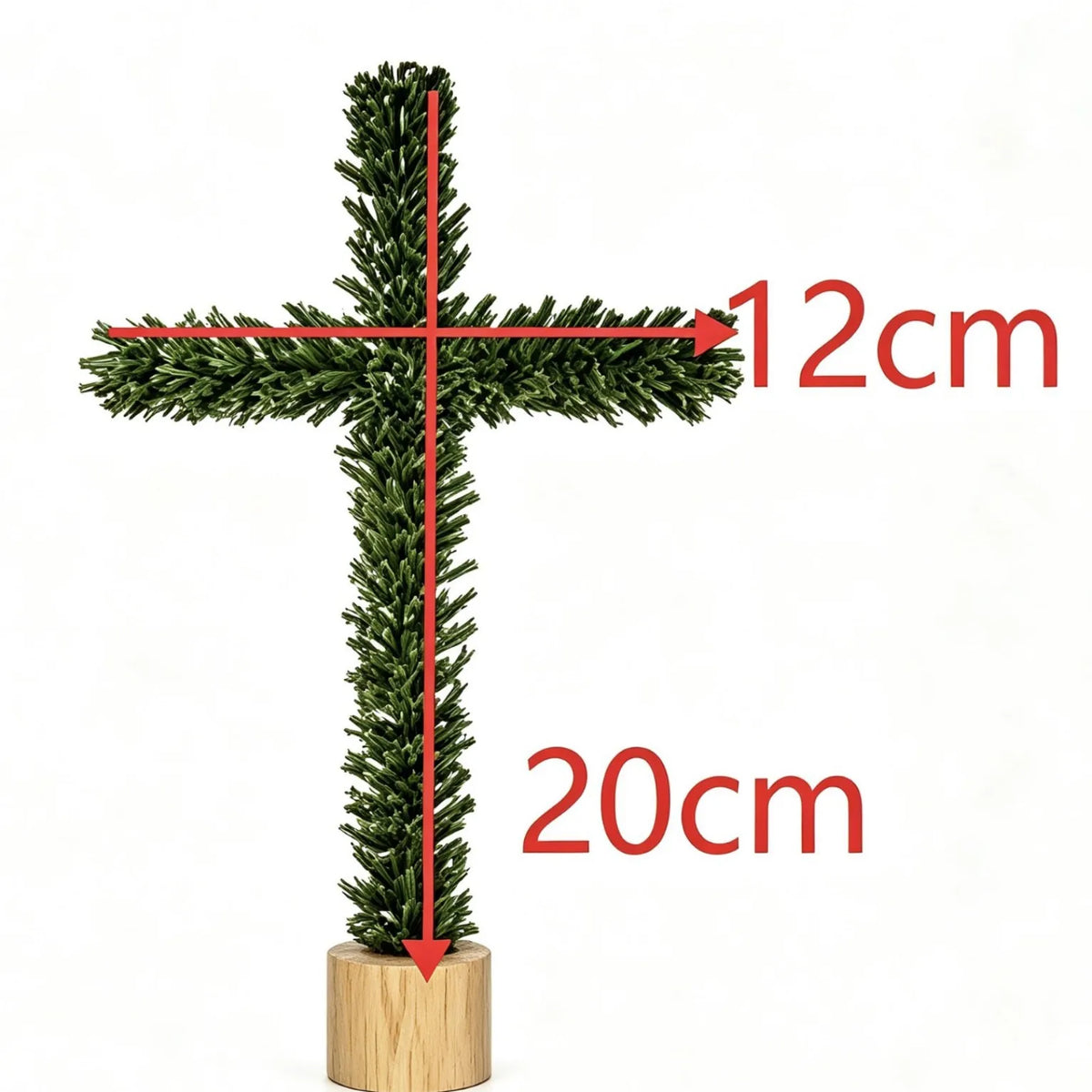 Artificial Pine-Style Greenery Cross with White Fabric Drape and Wood-Look Base for Christmas, Easter and Religious Tabletop Decor