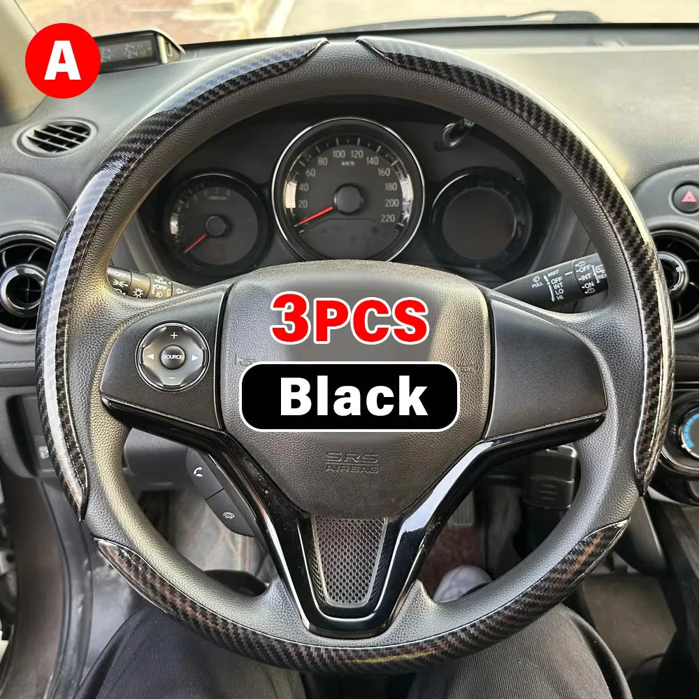 38 cm Car Steering Wheel Cover Set, 3-Piece Glossy Carbon Fiber Look Trim for Round Steering Wheels