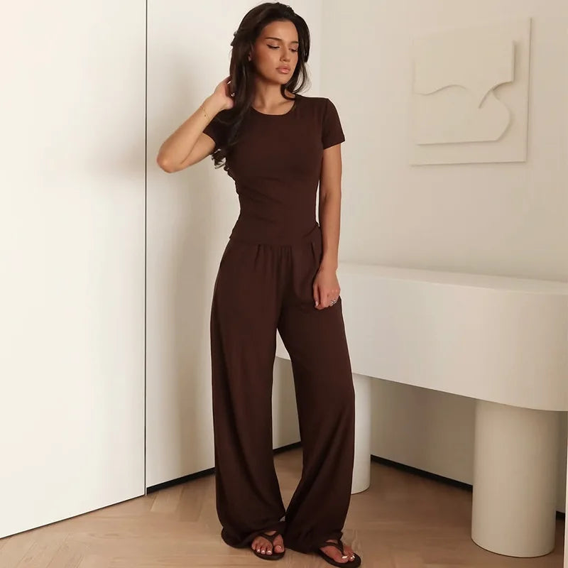 Women’s Casual Two-Piece Set – Slim O-Neck Short Sleeve T-Shirt & Elastic Waist Long Pants, Summer & Autumn Solid Outfits