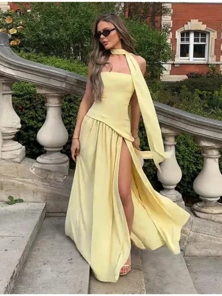 Elegant Pleated Long Dress for Women – Off-Shoulder, Scarf Neck, High Slit | Party & Evening Gown