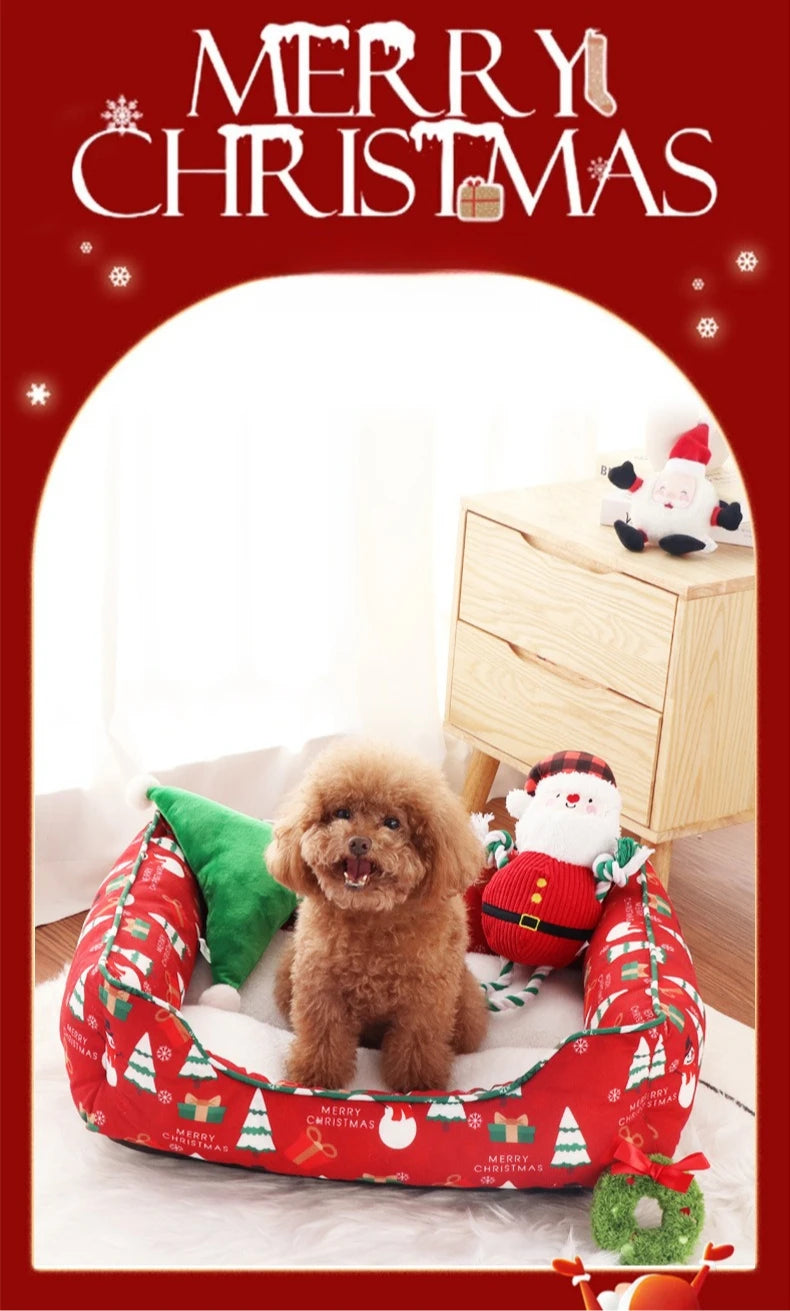 Christmas Cat and Small Dog Bed with Raised Bolster Sides and Soft Sleeping Cushion, Festive Indoor Pet Nest