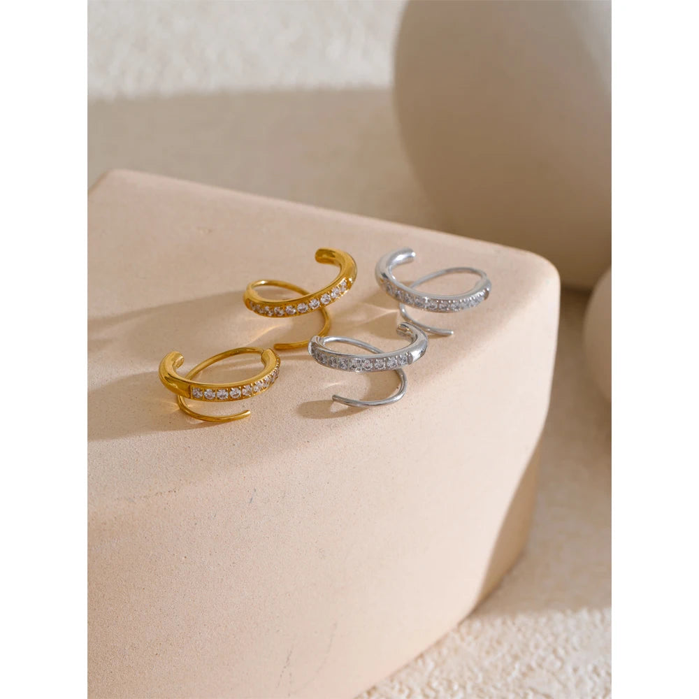 Stainless Steel Twisted Hoop Earrings with Cubic Zirconia for Women – Double-Look Design, Waterproof Fashion Jewelry