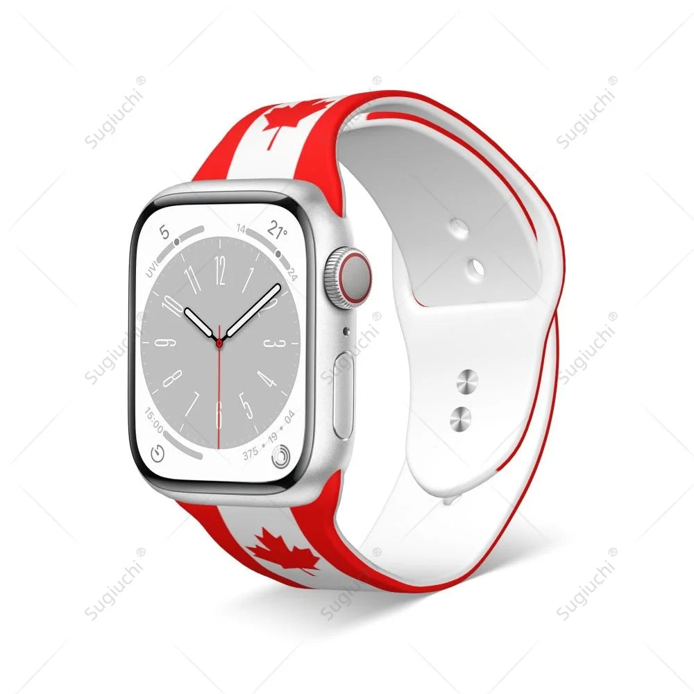 Canada Flag Silicone Sport Watch Band for Apple Watch Ultra 2 / Series 10 9 8 7 6 5 4 SE – Unisex 3D Printed Strap