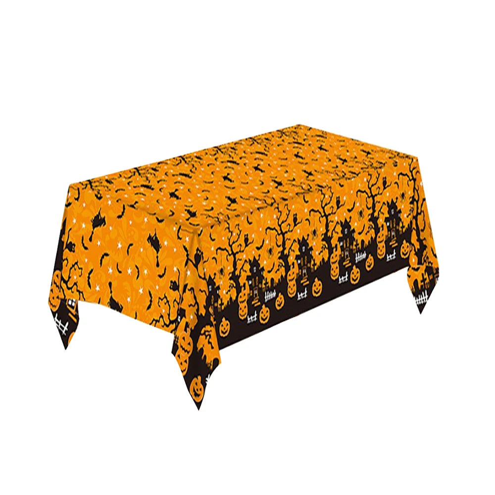 Halloween Disposable Tablecloth – Pumpkin, Spider Web & Bat Design – Plastic Table Cover for Halloween Party & Home Decor