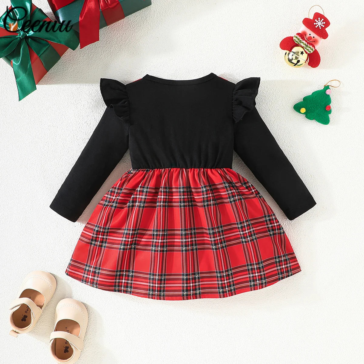 Baby Girl New Year Dress – Green Christmas Tree Print Outfit, “My First New Year” Costume for Newborns & Toddlers