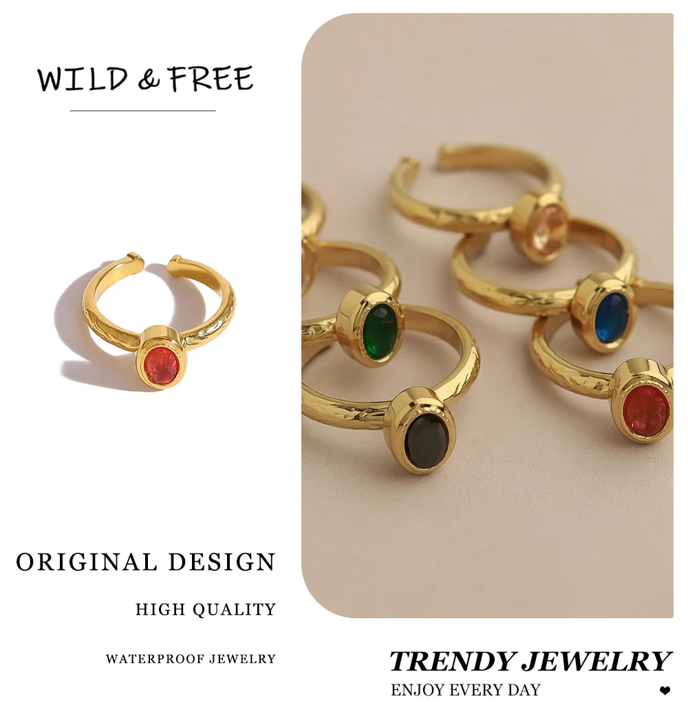 WILD & FREE Minimalist Colored Zircon Stainless Steel Rings for Women 18K Gold Plated Chic Luxury Trendy Jewelry