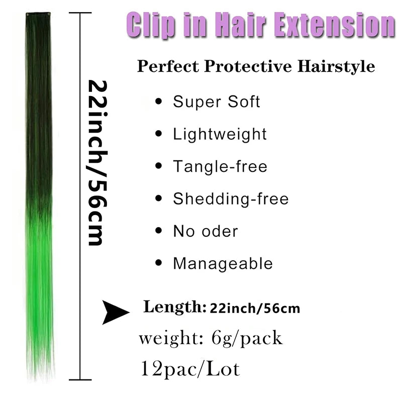 22-Inch Straight Clip-In Synthetic Hair Extensions – Colorful Highlight Hairpiece